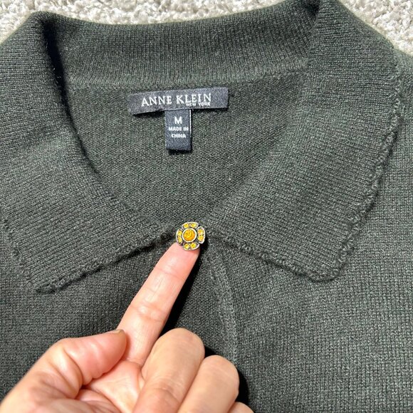 Anne Klein Women's Sz Medium Short Sleeve Knit Top Collar Dark Green - Picture 2 of 10